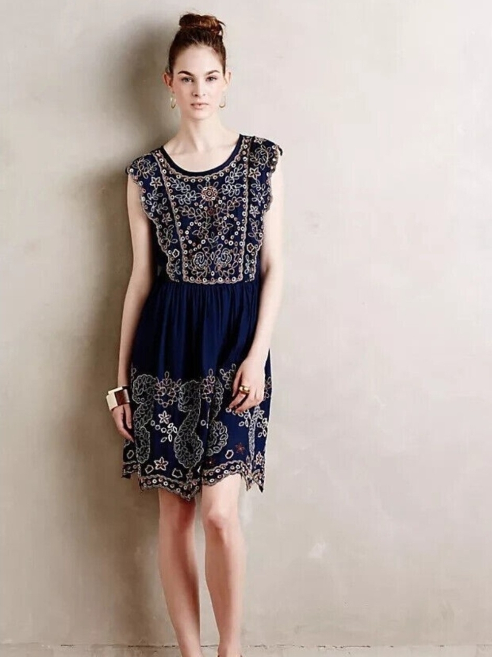 Anthropologie VirginiaVanessa Navy Dress with Cream Embroidery and Beading